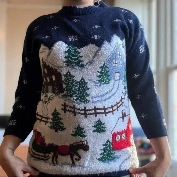 Private Eyes Sweaters - Vtg 80s Ugly Christmas Sweater Women Blue  Snowflakes USA Made Sz S 100% Acrylic